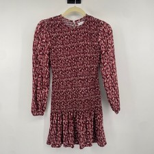 MNG Mango Smocked Mini Dress Womens XXS Burgundy Abstract Long Sleeve Ruffle
