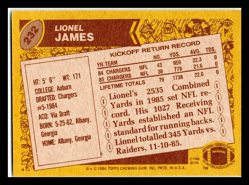 1986 Topps #232 Lionel James San Diego Chargers - Image 2 of 2