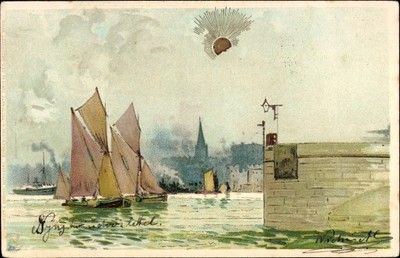 Litho Voiliers, Partie deau, Soleil, offres En Fond Ville... - 3568509