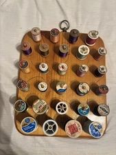Vintage Wood Thread Spool Holder 28 Pegs Wall Rack Organizer + Spools Sewing