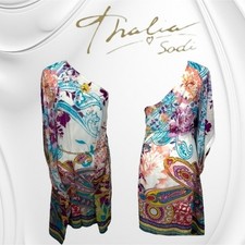 Thalia Sodi One-Shoulder Chiffon Scarf Dress White/Multi Paisley S NEW