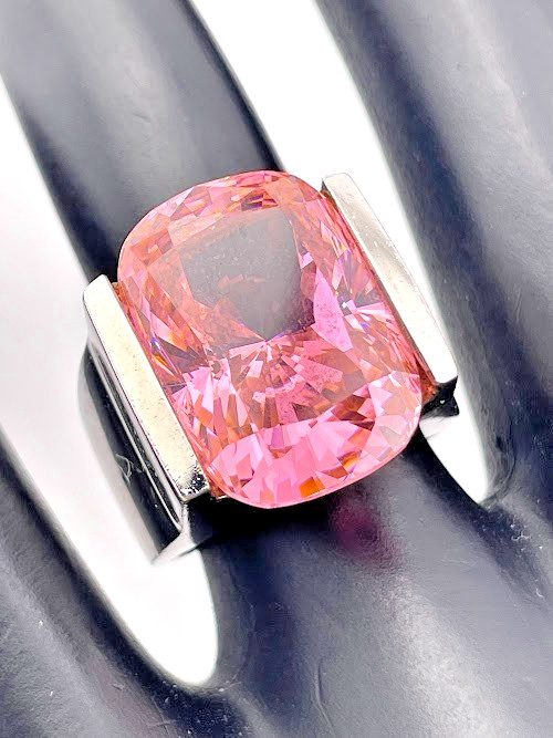 925 Sterling Silver Large 18 X 12Mm Pink Cushion Cut Pink Cz Ring Size 6 3369