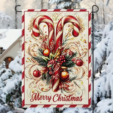 Merry Christmas Double-Sided Garden Flag, Candy Cane Holly Design, 12x18" Burlap