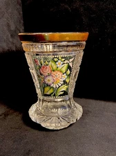 Cut Crystal German Floral Enameled Goblet Vase 1930