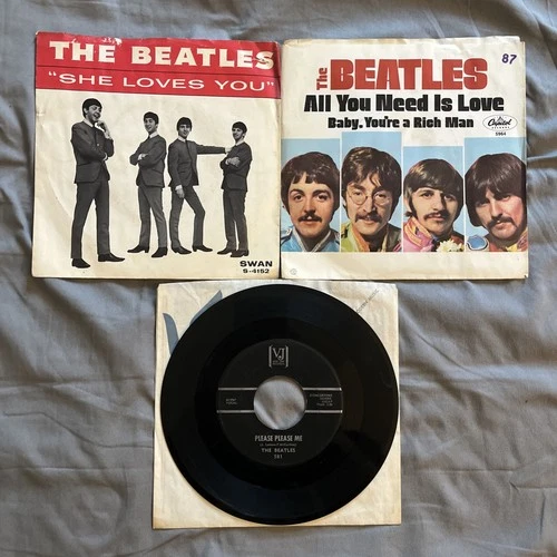 Lot of 3 Beatles 45 Records, All Originals, VJ, Swan, Capitol W/Picture Sleeve