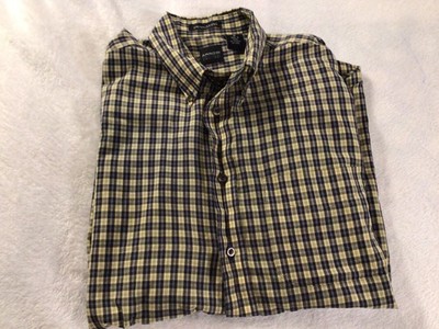 Arrow Mens Button Shirt yellow Plaid Medium polyester Blend Long Sleeve Collar