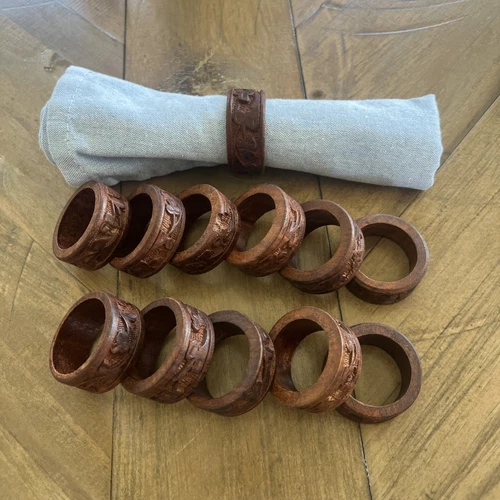 Carved Wooden Napkin Rings Vtg Brown 2 Inch Diameter Dinner Party 12