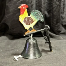 Vintage Cast Iron Painted Rooster Dinner Bell 6.5” Tall Door Bell Chips In Paint