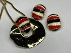 Chunky Vintage Goldtone & Red/Black/Ivory Enamel Necklace & Earrings Set