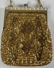 Vtg 50-60s Gold Beaded Evening Bag Lucite Trim Kiss Lock Chain Strap Clutch 7  