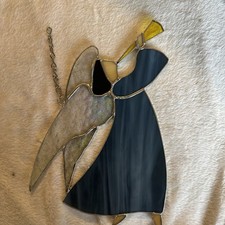 Stained Glass Sun Catcher Blue Angel w/Horn Ornament Handcrafted Christmas 9  