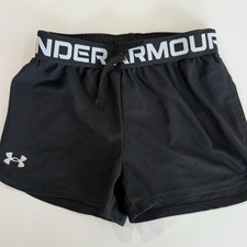 Under Armour Girls Youth Medium Black Athletic Shorts Logo Waistband Drawstring