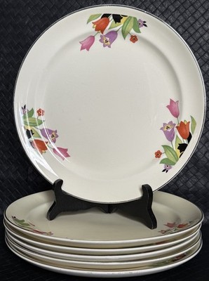 Hall Salad Plates 9 Inch Multicolored Crocus Pattern Platinum Trim 1930s READ