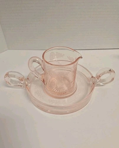 Tiffin Franciscan Pink Depression Glass 7" Double Handle Serving Plate & Creamer