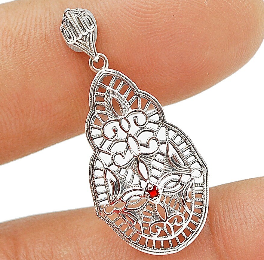 Natural Fire Garnet 925 Sterling Silver Victorian Style Pendant Jewelry Y1167