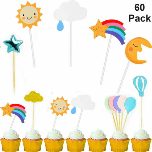 60 Confezione Cupcake Topper Cielo Tema Kit Incluso Cloud Palloncino Luna Stars - Picture 3 of 5