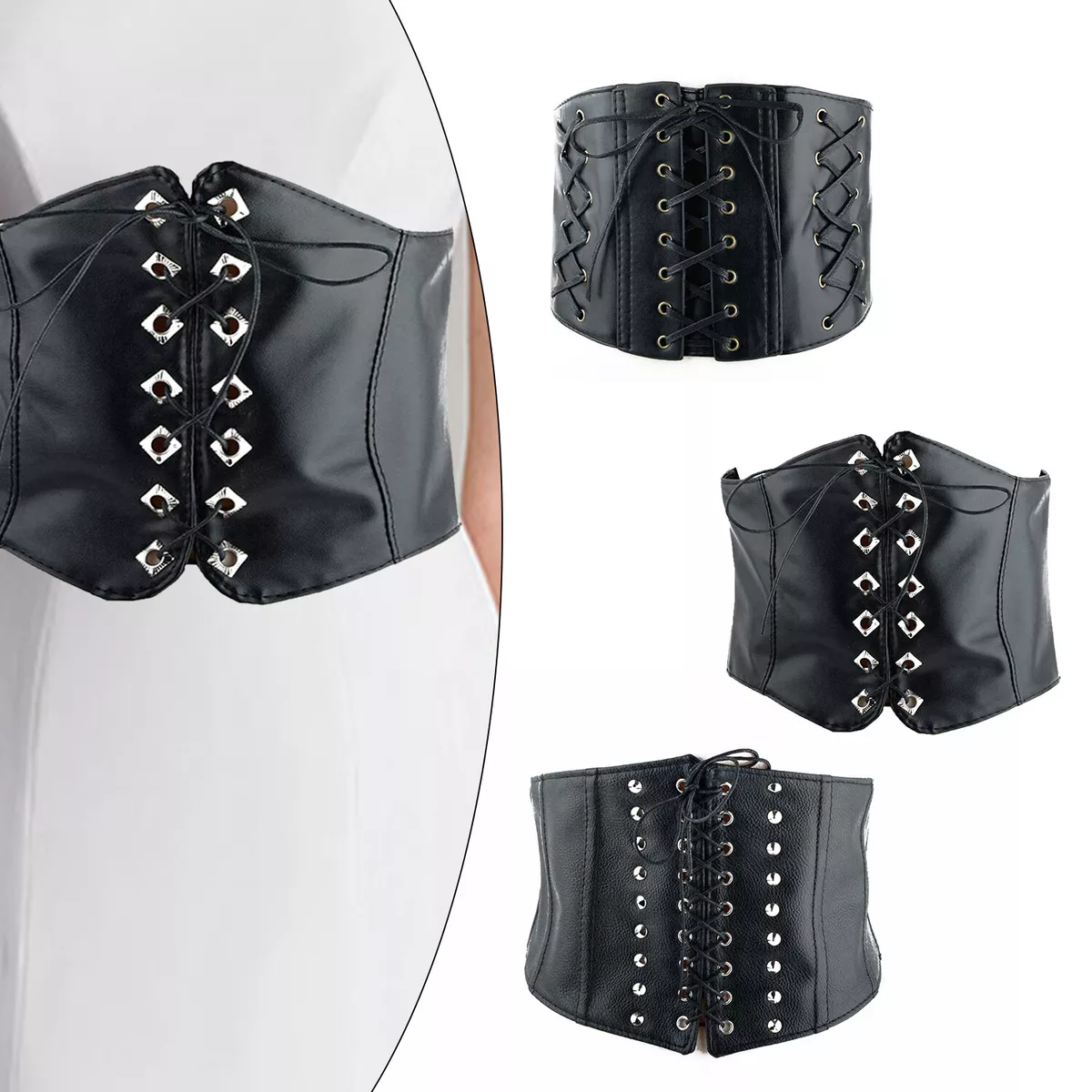 Ladies Waist Cincher Wide Band Elastic Tied Waspie Corset PU