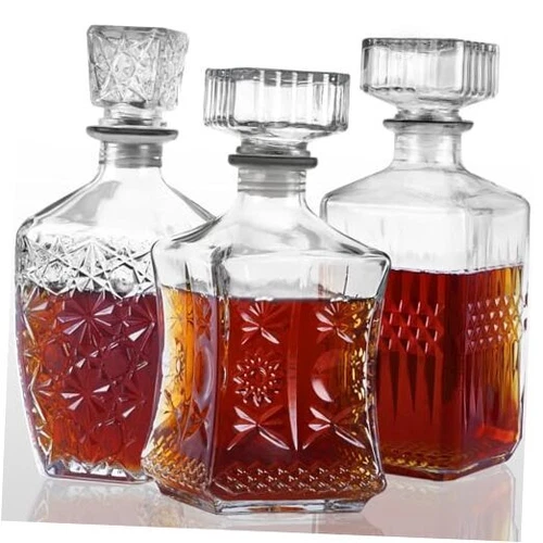 Whiskey Decanter Set of 3 Glass Liquor Decanters, Alcohol Bottles with 