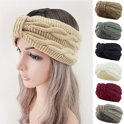 Plus Velvet Bow Headband Winter Warmer Ear Double Twist Crochet Knitted Hairband