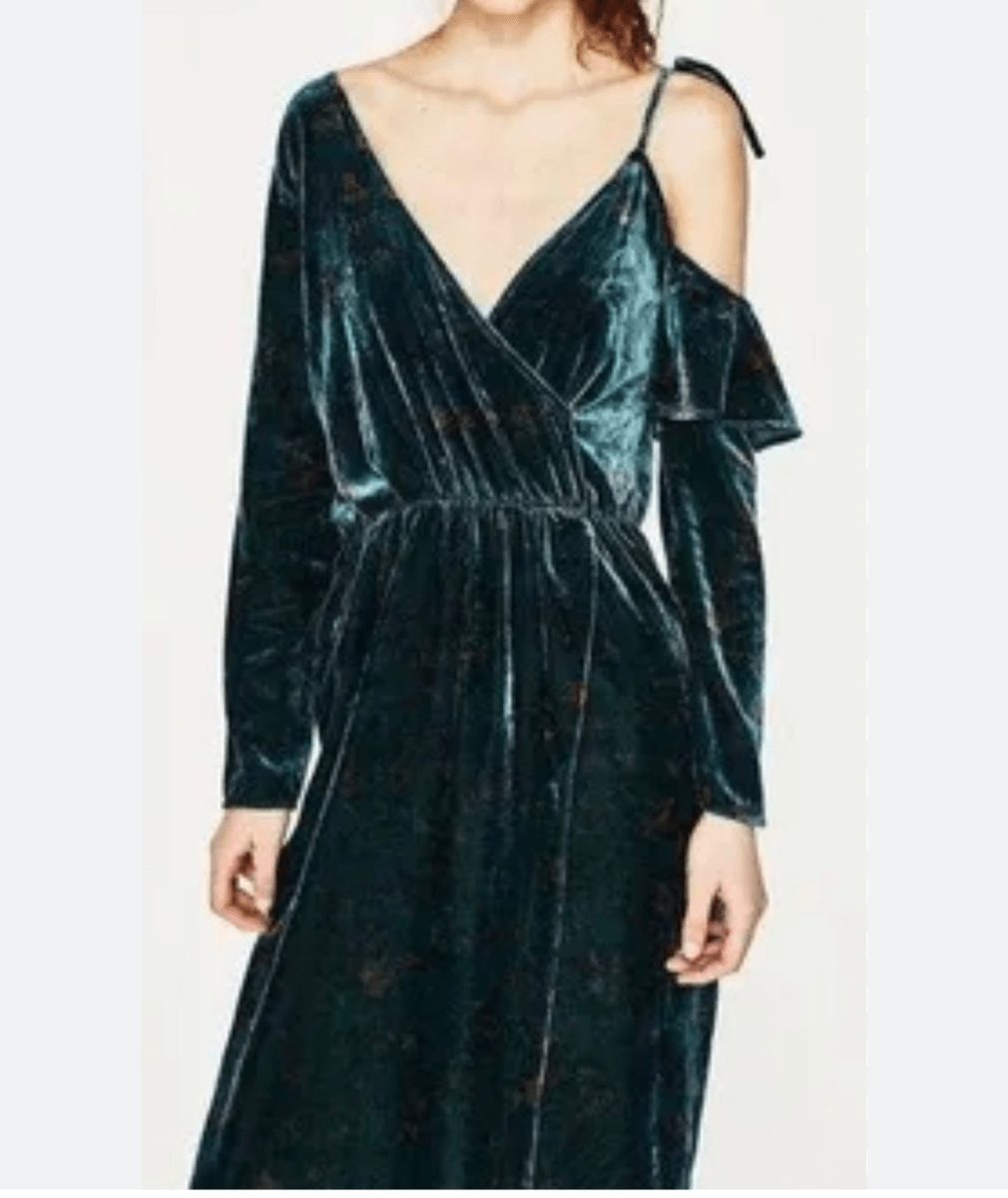 ZARA Trafaluc Forest Green Teal One Shoulder Velvet Faux Wrap Midi Dress M  | eBay