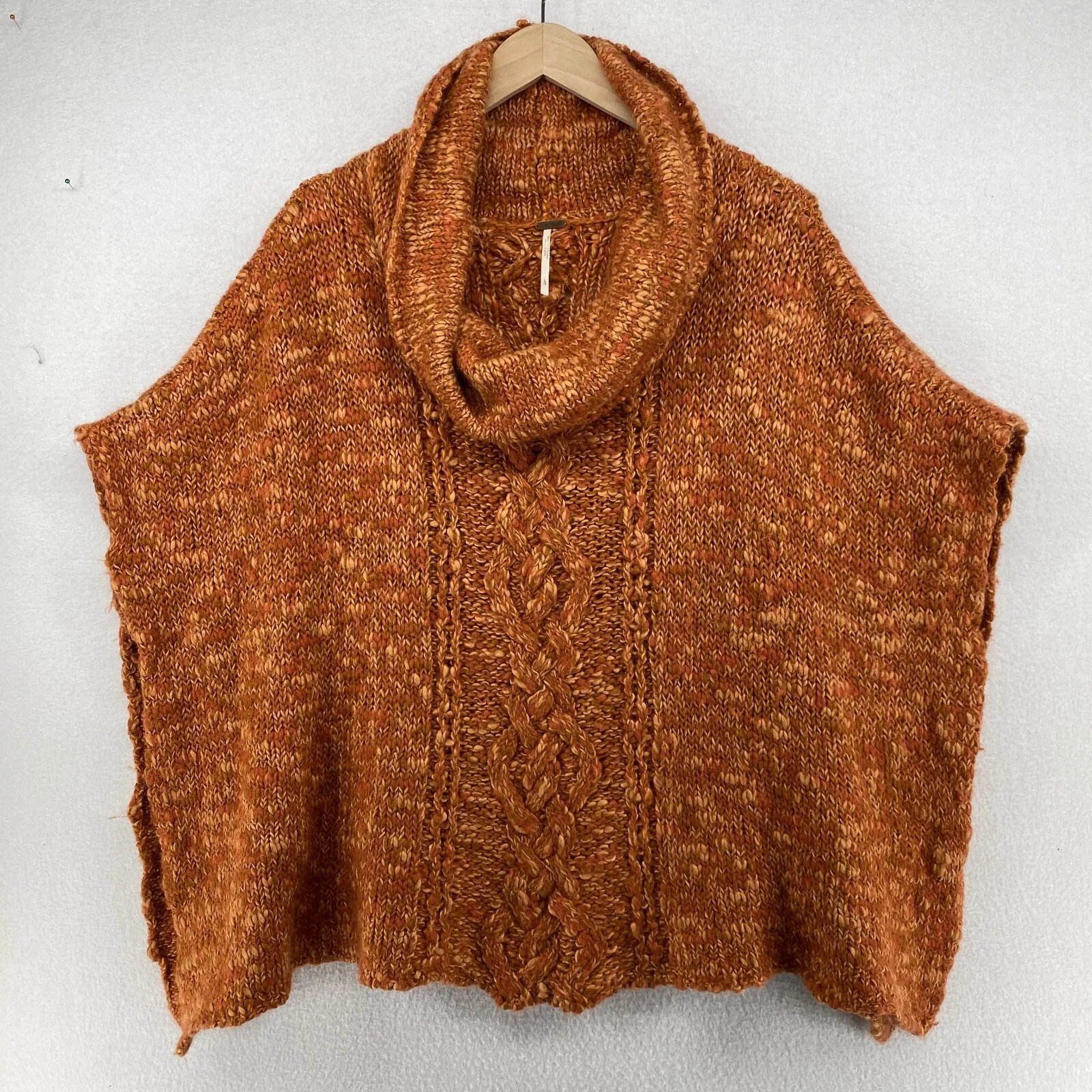 FREE PEOPLE Sweater L Wool Blend Twist Knit Turtle Neck Poncho Shawl Orange