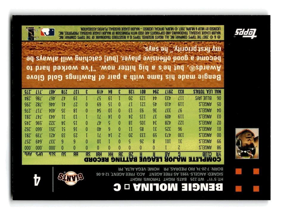 Bengie Molina 2007 Topps #342 San Francisco Giants MINT - Image 2 of 2