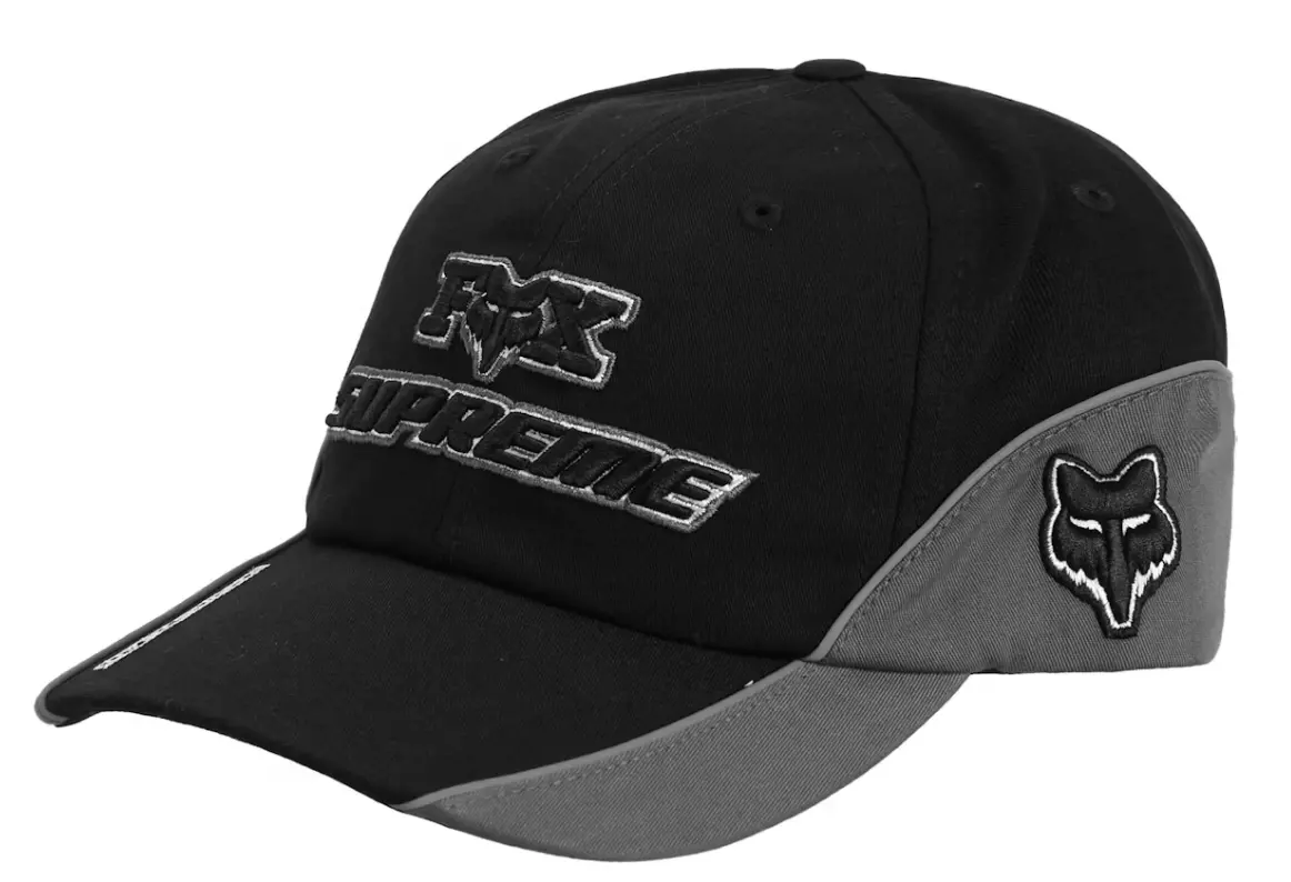 Casquette de course Supreme x Fox automne hiver 2022 6 panneaux noir/gris neuve