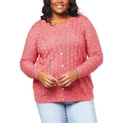 DG2 by Diane Gilman Marled Pointelle Sweater Knit Cardigan, Ruby, 1X