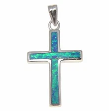 INLAY BLUE OPAL CROSS CHARM PENDANT SOLID 925 STERLING SILVER 16.30MM
