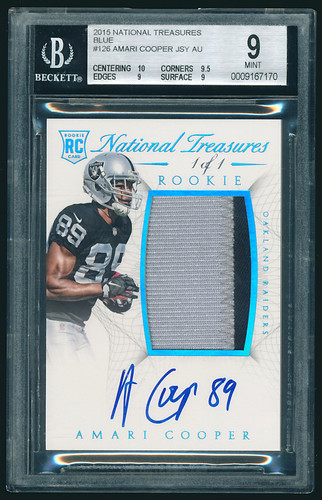 2015 National Treasures Blue #126 Amari Cooper RC Auto RPA Patch 1/1 BGS 9 Mint