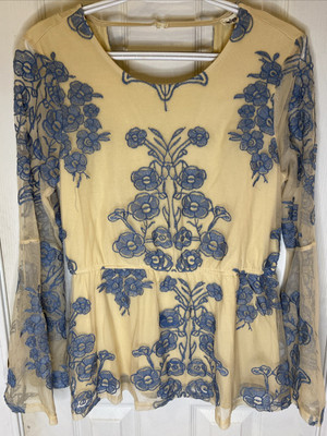 Indigo Thread Blouse Women's Small Embroidered Mesh Bell Sleeve Fairy Cottage