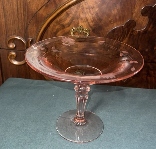 Vintage Pink Depression Glass Etched Footed 6" Compote Bowl Fostoria?