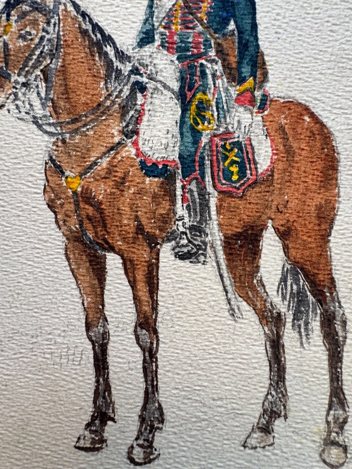 Antique 19th C French Gouache Painting Napoleonic Military Uniform Horse 6 x 9.5 - Image 2 of 4