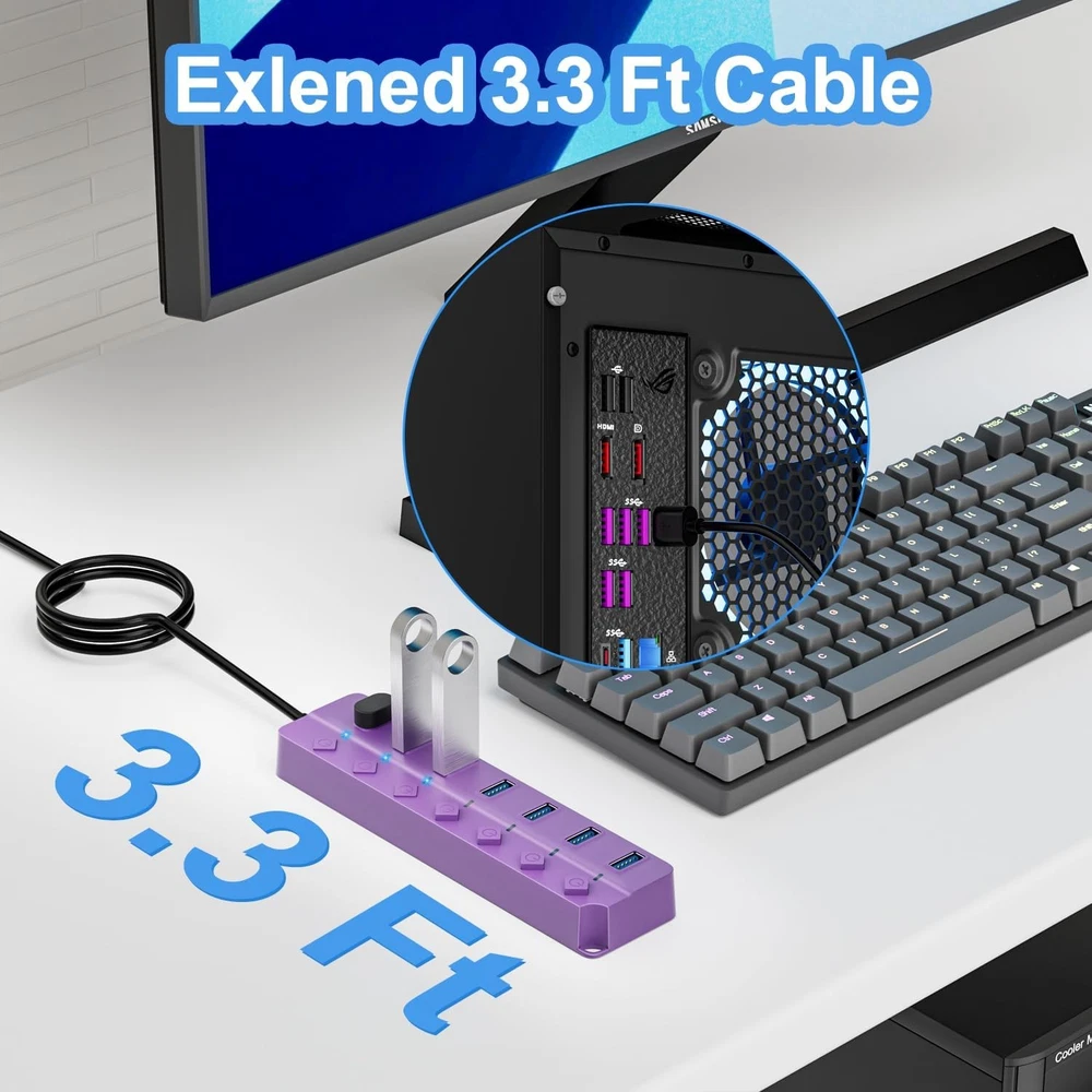 7-Port USB 3.0 Hub with Individual On/Off Switches in Purple