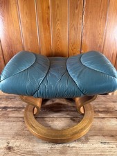 Ekornes Stressless Teal Colored Leather Ottoman  Wood Base - Used
