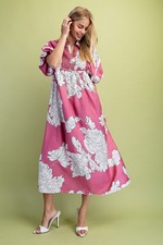 Gigio by Umgee Pink Floral Short Puff Sleeve Midi Dress w/ Smocked Front Yoke