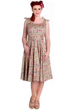 Hell Bunny Vixen Janine Tan Pink Floral Vintage Retro Style Dress Size Small