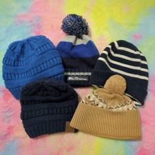 Mixed Beanie Hats Winter 3M-6M Boys Knit Blue Brown Poms Lot Of 5