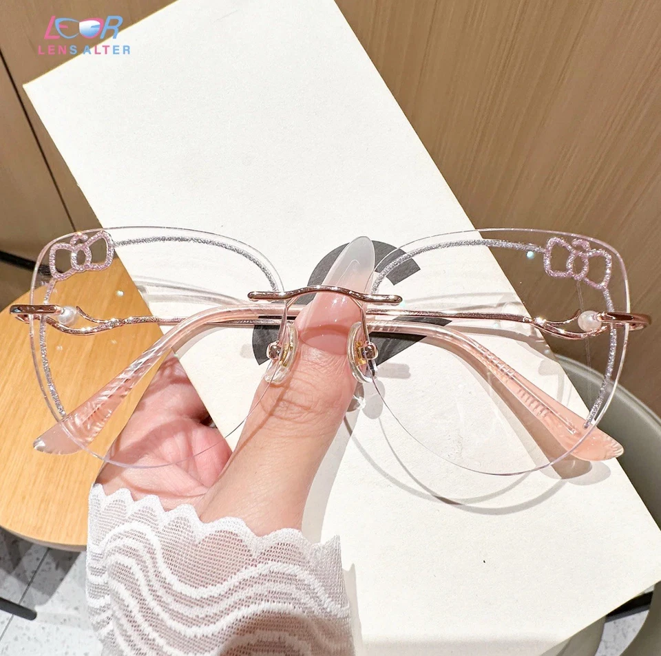 Kitty Eyeglasses Metal Rimless Silver Glitter, Pearl, Bows Pink New by LensAlter - Image 2 of 4