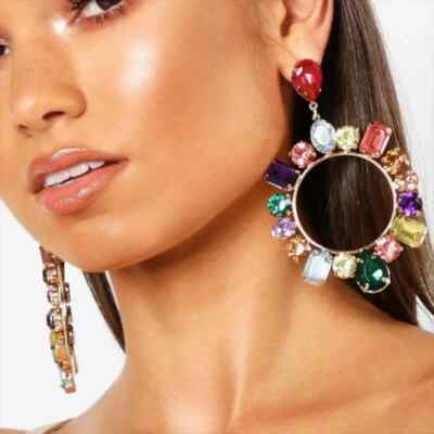 3'' Big Multi Color Large Gold Long Rhinestone Pageant Dangle Crystal Earrings