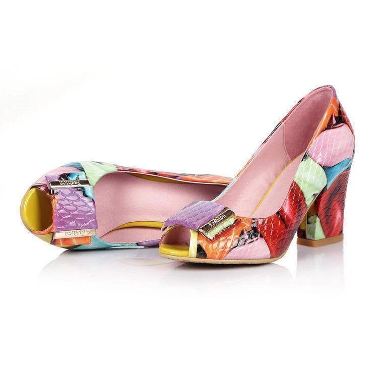 Sandalias de tacón alto estampadas con puntera abierta de verano para mujer Foto 4 de 4