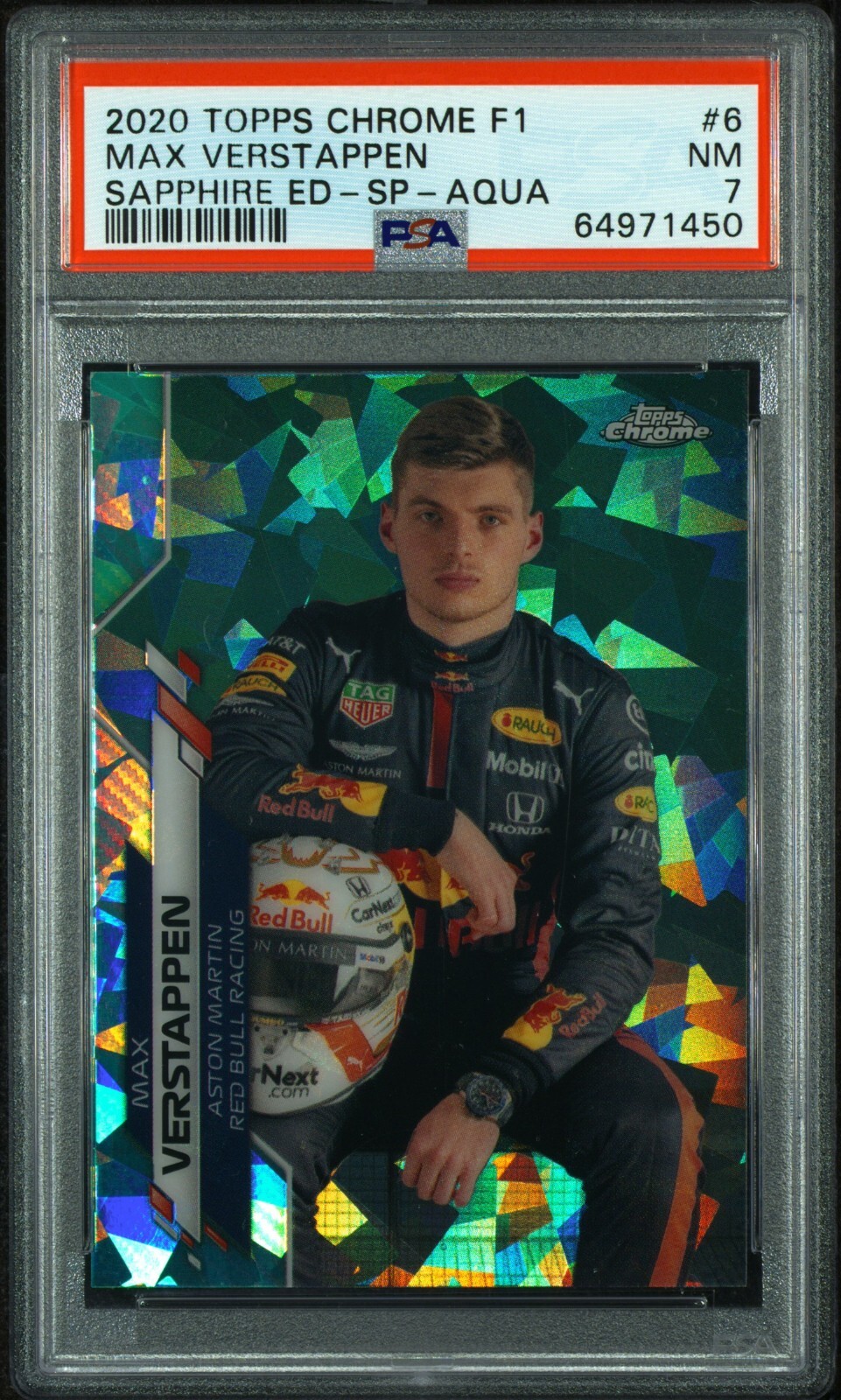 2020 Topps Chrome F1 Sapphire Max Verstappen Aqua SP Var Refractor RC /99 PSA 7 view 3