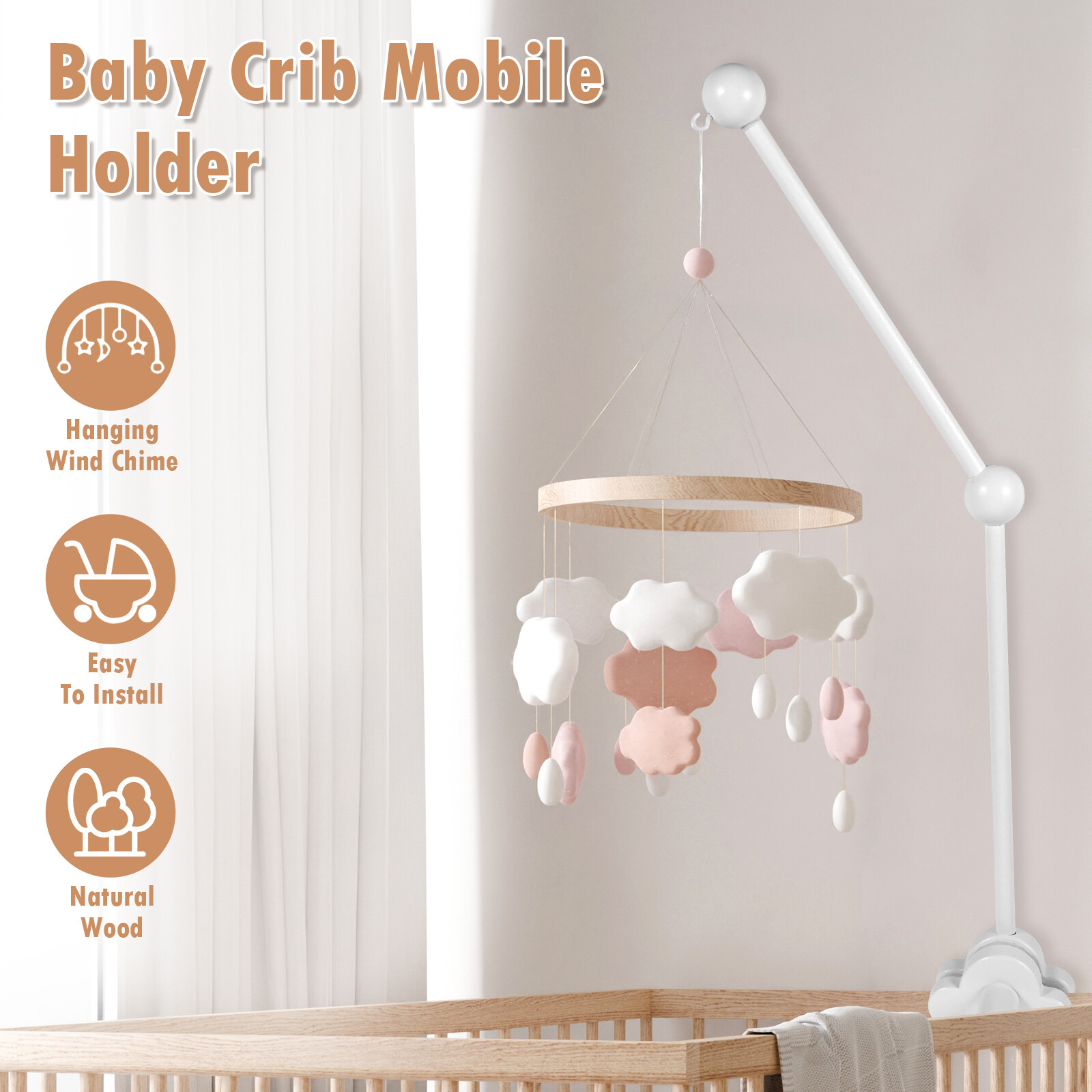 27inch Baby Crib Mobile Arm Wooden Mobile Cot Holder Adjustable Angle