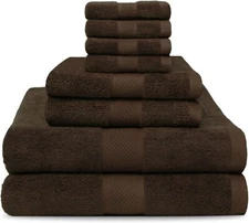 8 PCS DEEP BROWN TOWELS SET SOFT FLUFFY ABSORBENT 100% COTTON GREATWESTERNTEX