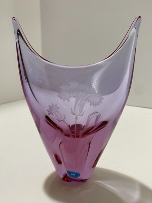 Frantisek Zemek Bohemian Art Glass Vase Pink/Purple Ombre Etched Floral Czech