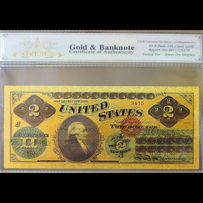 100mg 24K Gold 1862 $2 Two Dollars Legal Tender Banknote