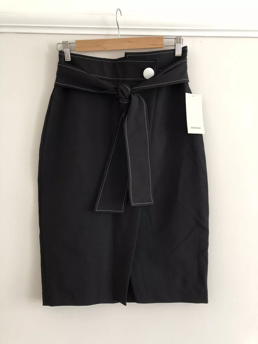 ZARA Black Midi Pencil Skirt With Contrasting Topstitching And