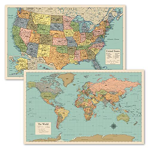 2 Pack - World Map Poster & USA Map Chart [Tan/Color] () 18” x 29” LAMINATED 