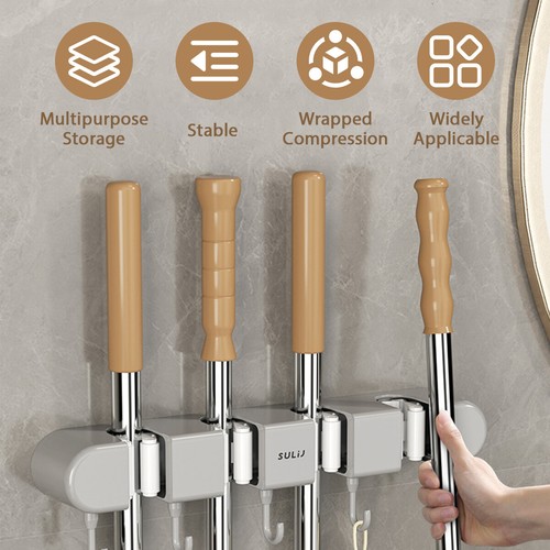 Broom Mop Holder with Hooks Wall Mounted Broom Storage Rack No Drilling GQ - Picture 2 of 18