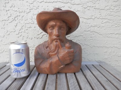 Wood Carved Bust Pipe Smoking Gent Man ( wood splitting ) 10 '' H Free Shipping